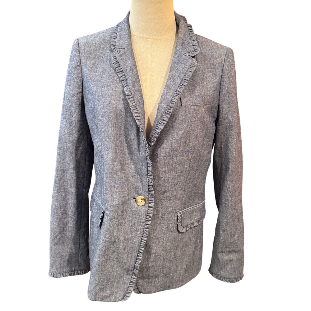 J.Crew Regent Blazer Blue Chambray Ruffle Trim Jacket 10‎ Preppy Coastal